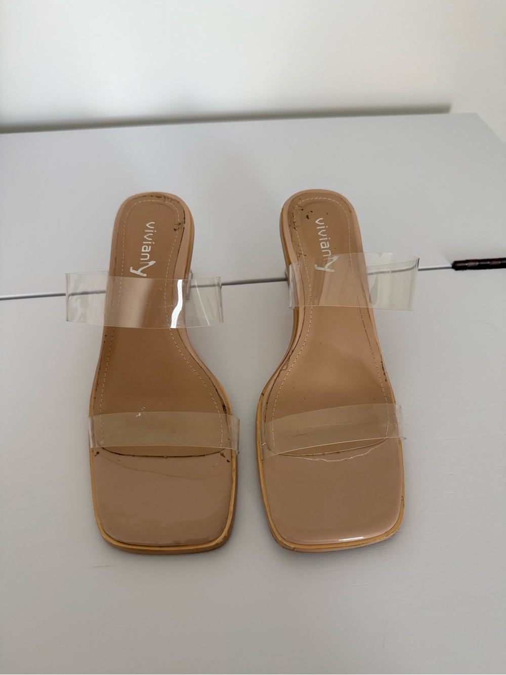 Vivianly Clear PVC Double Strap Block Heel Sandals Nude Size 8